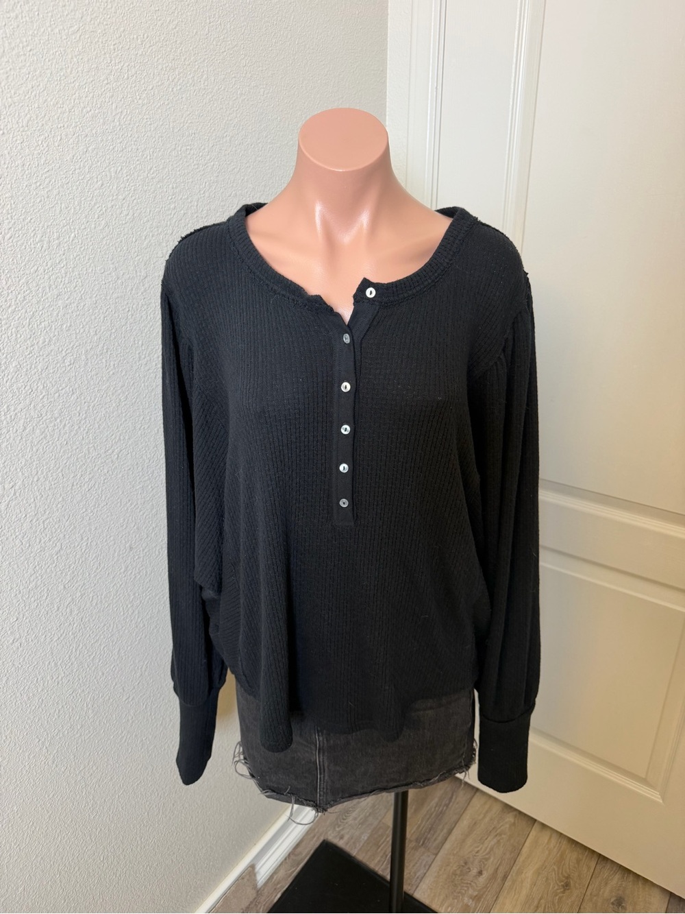 Free People Black Waffle Henley Long Sleeve Top